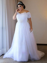 Exquisite Ball Gown Wedding Dress with Off-the-shoulder Tulle Sweep Train and Appliques Lace
