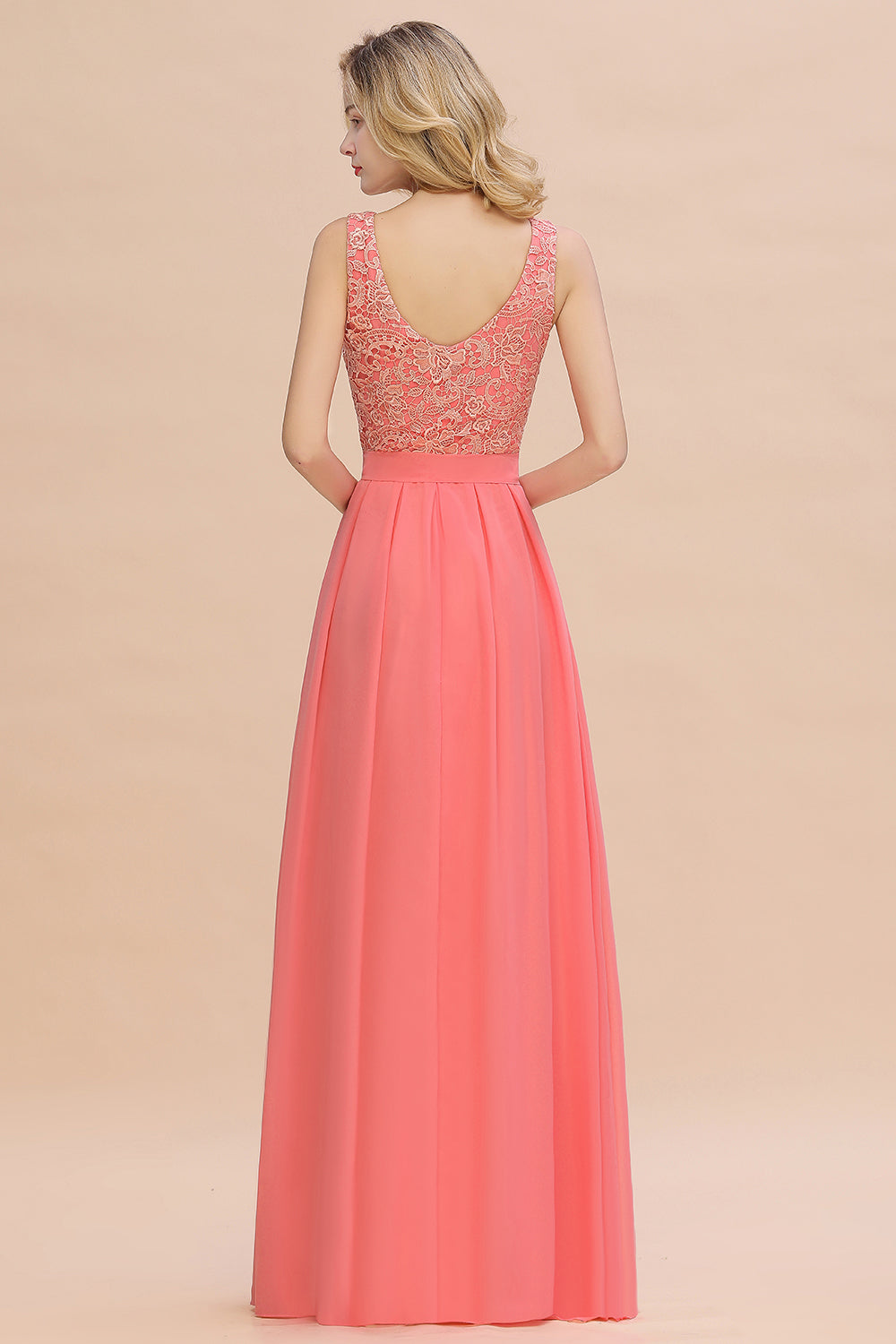 Exquisite Lace Scoop Sleeveless Bridesmaid Dresses Online with Ruffle-Babyonlines