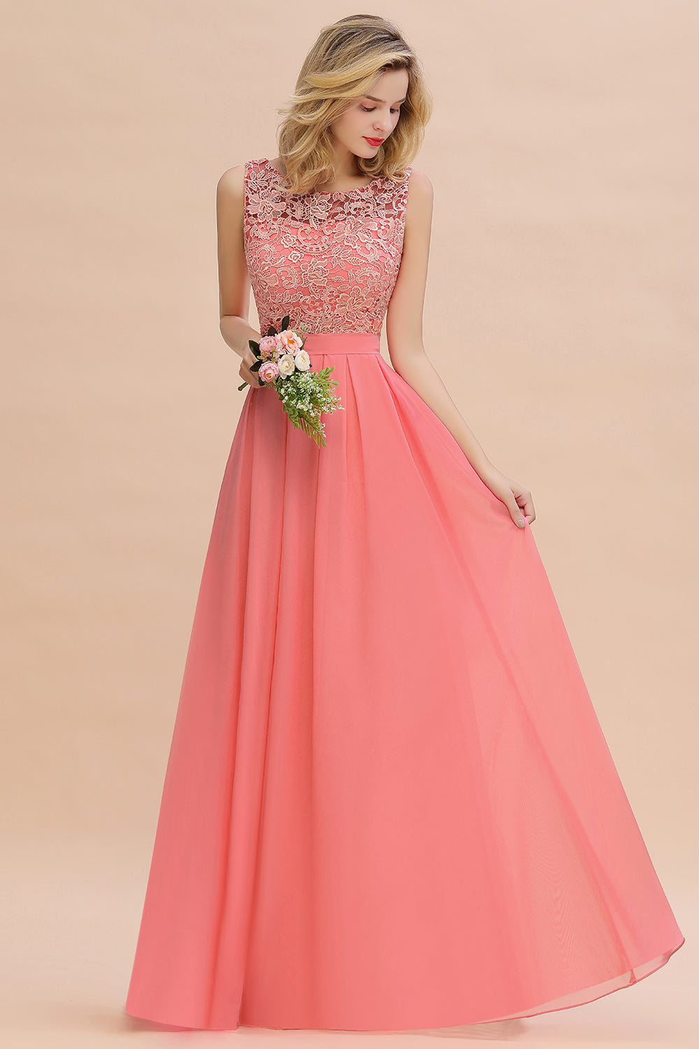 Exquisite Lace Scoop Sleeveless Bridesmaid Dresses Online with Ruffle-Babyonlines