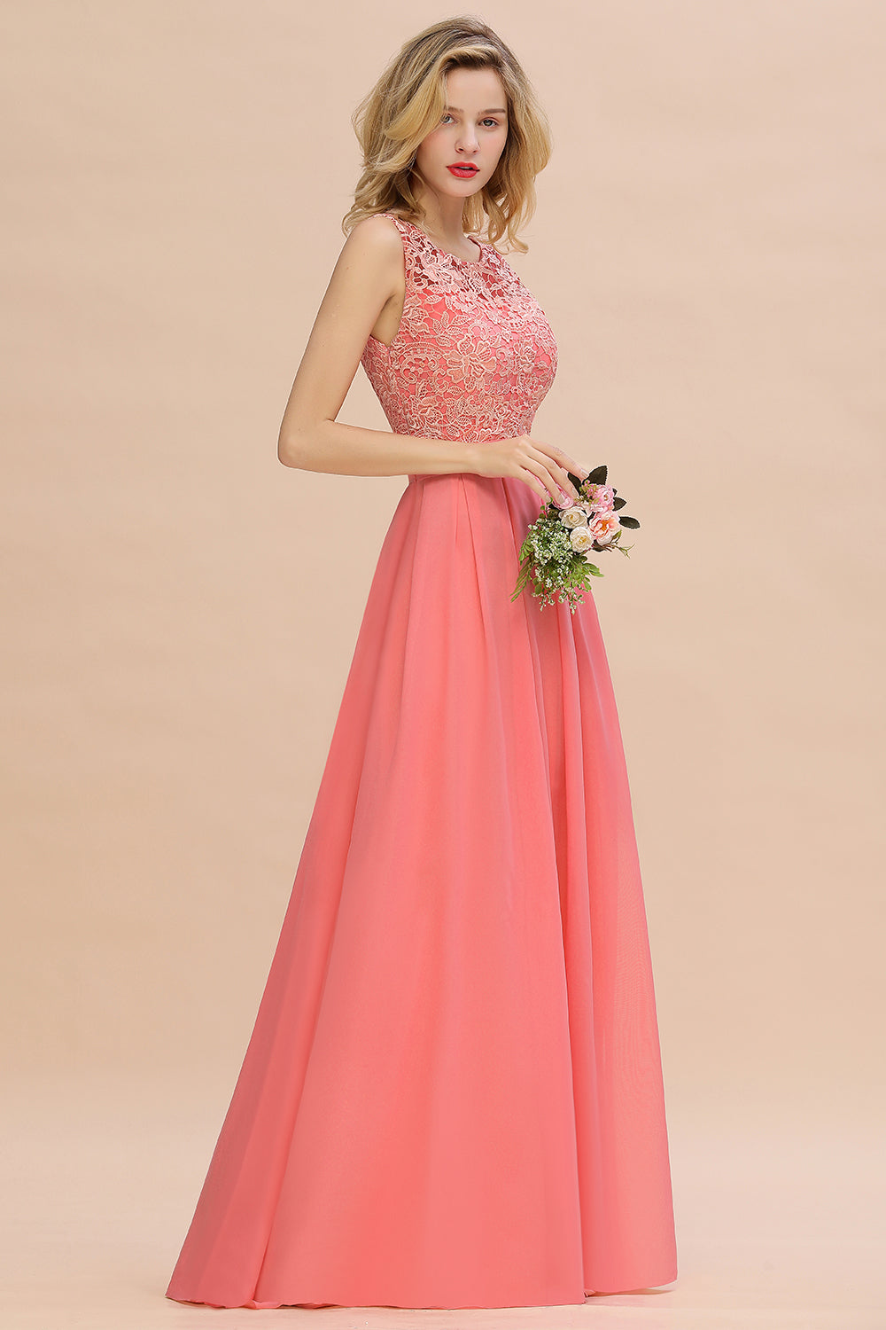 Exquisite Lace Scoop Sleeveless Bridesmaid Dresses Online with Ruffle-Babyonlines