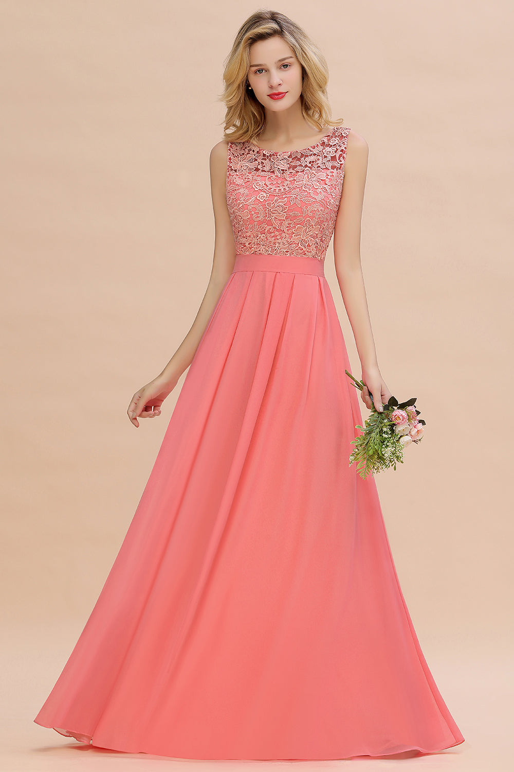 Exquisite Lace Scoop Sleeveless Bridesmaid Dresses Online with Ruffle-Babyonlines