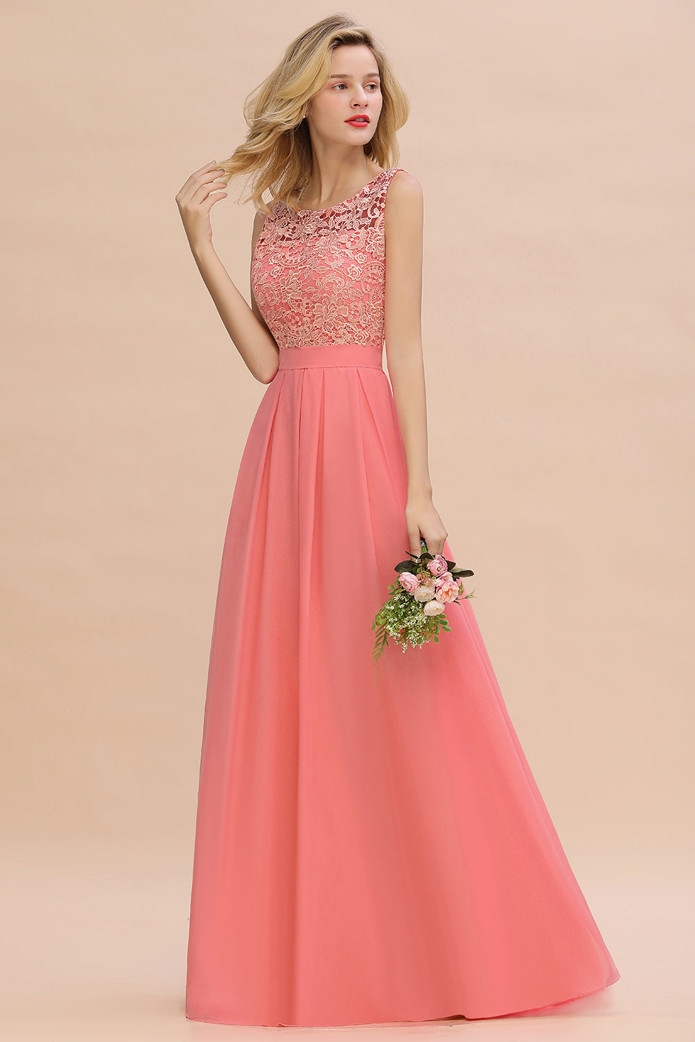 Exquisite Lace Scoop Sleeveless Bridesmaid Dresses Online with Ruffle-Babyonlines
