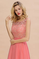 Exquisite Lace Scoop Sleeveless Bridesmaid Dresses Online with Ruffle-Babyonlines