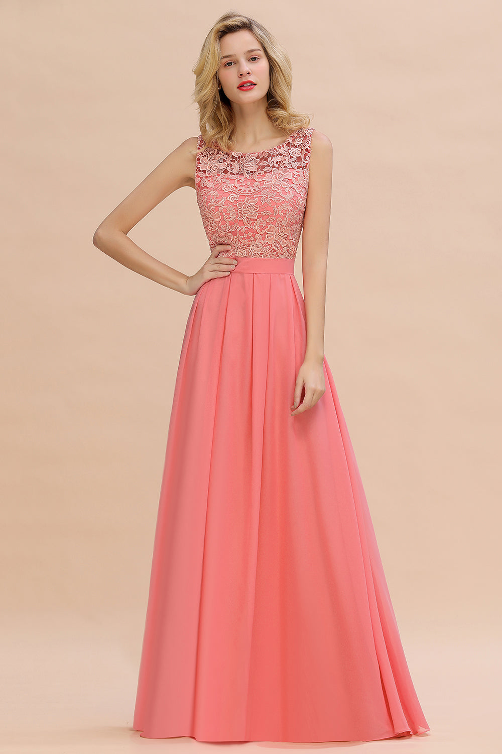 Exquisite Lace Scoop Sleeveless Bridesmaid Dresses Online with Ruffle-Babyonlines