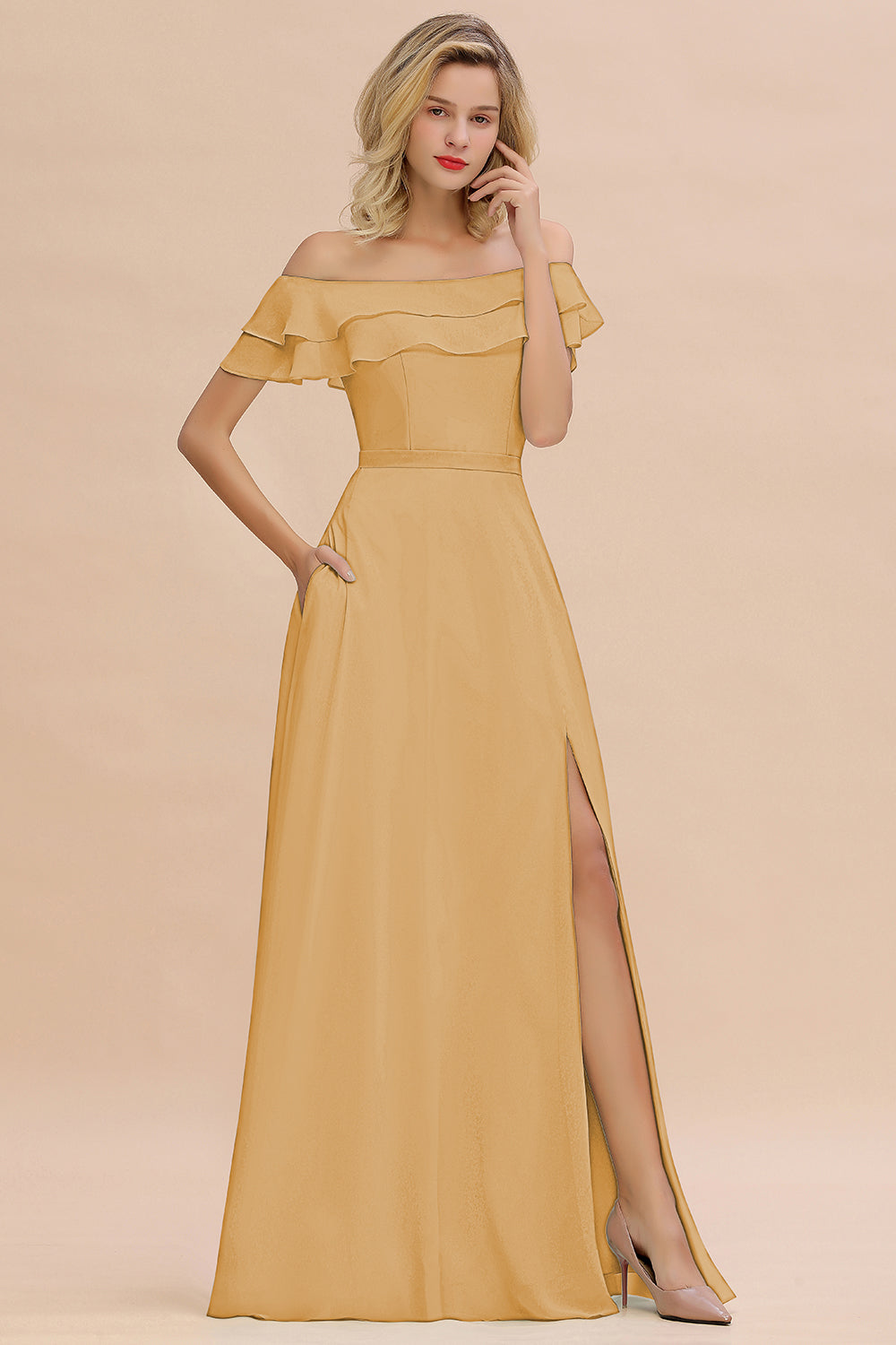 Exquisite Off-the-shoulder Slit Mint Green Bridesmaid Dress With Pockets-Babyonlines