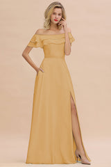 Exquisite Off-the-shoulder Slit Mint Green Bridesmaid Dress With Pockets-Babyonlines