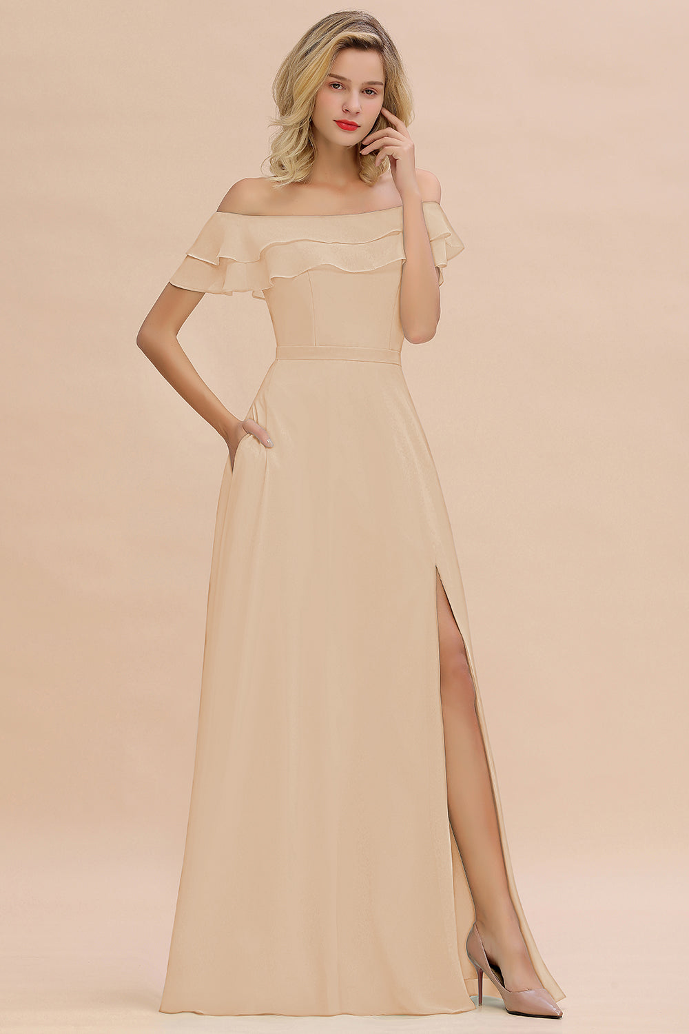 Exquisite Off-the-shoulder Slit Mint Green Bridesmaid Dress With Pockets-Babyonlines