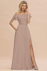 Exquisite Off-the-shoulder Slit Mint Green Bridesmaid Dress With Pockets-Babyonlines