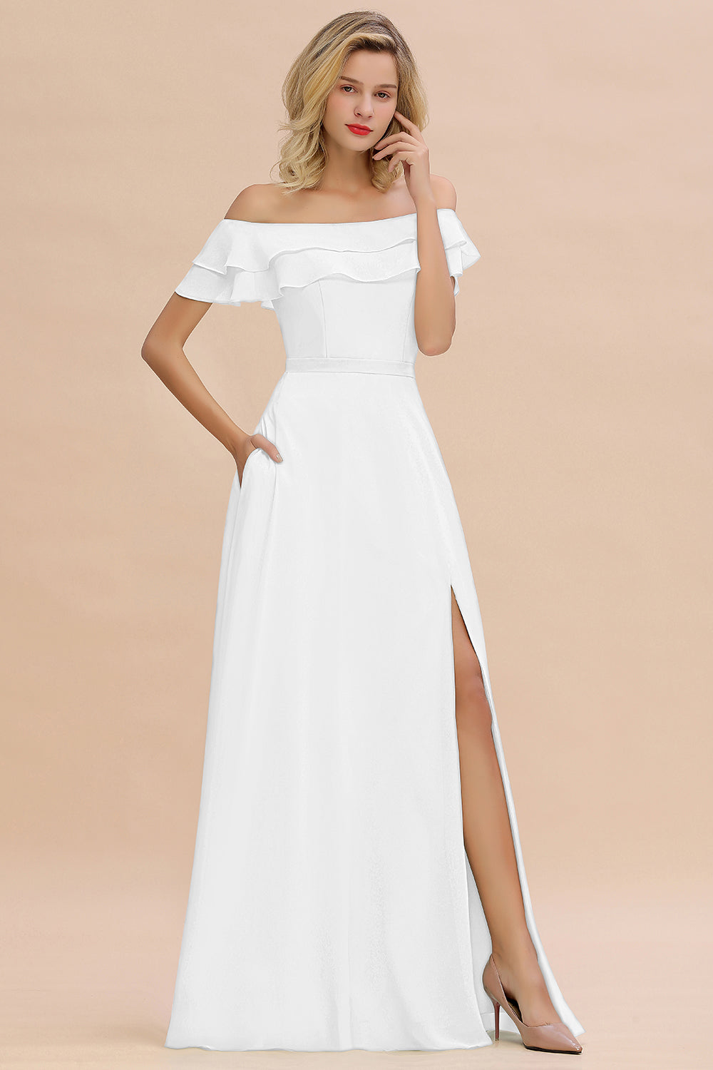 Exquisite Off-the-shoulder Slit Mint Green Bridesmaid Dress With Pockets-Babyonlines