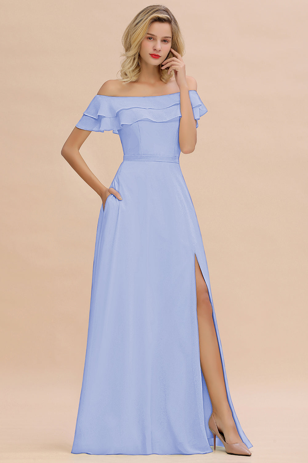 Exquisite Off-the-shoulder Slit Mint Green Bridesmaid Dress With Pockets-Babyonlines
