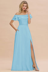 Exquisite Off-the-shoulder Slit Mint Green Bridesmaid Dress With Pockets-Babyonlines