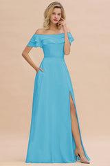 Exquisite Off-the-shoulder Slit Mint Green Bridesmaid Dress With Pockets-Babyonlines