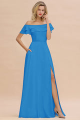 Exquisite Off-the-shoulder Slit Mint Green Bridesmaid Dress With Pockets-Babyonlines