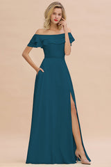 Exquisite Off-the-shoulder Slit Mint Green Bridesmaid Dress With Pockets-Babyonlines