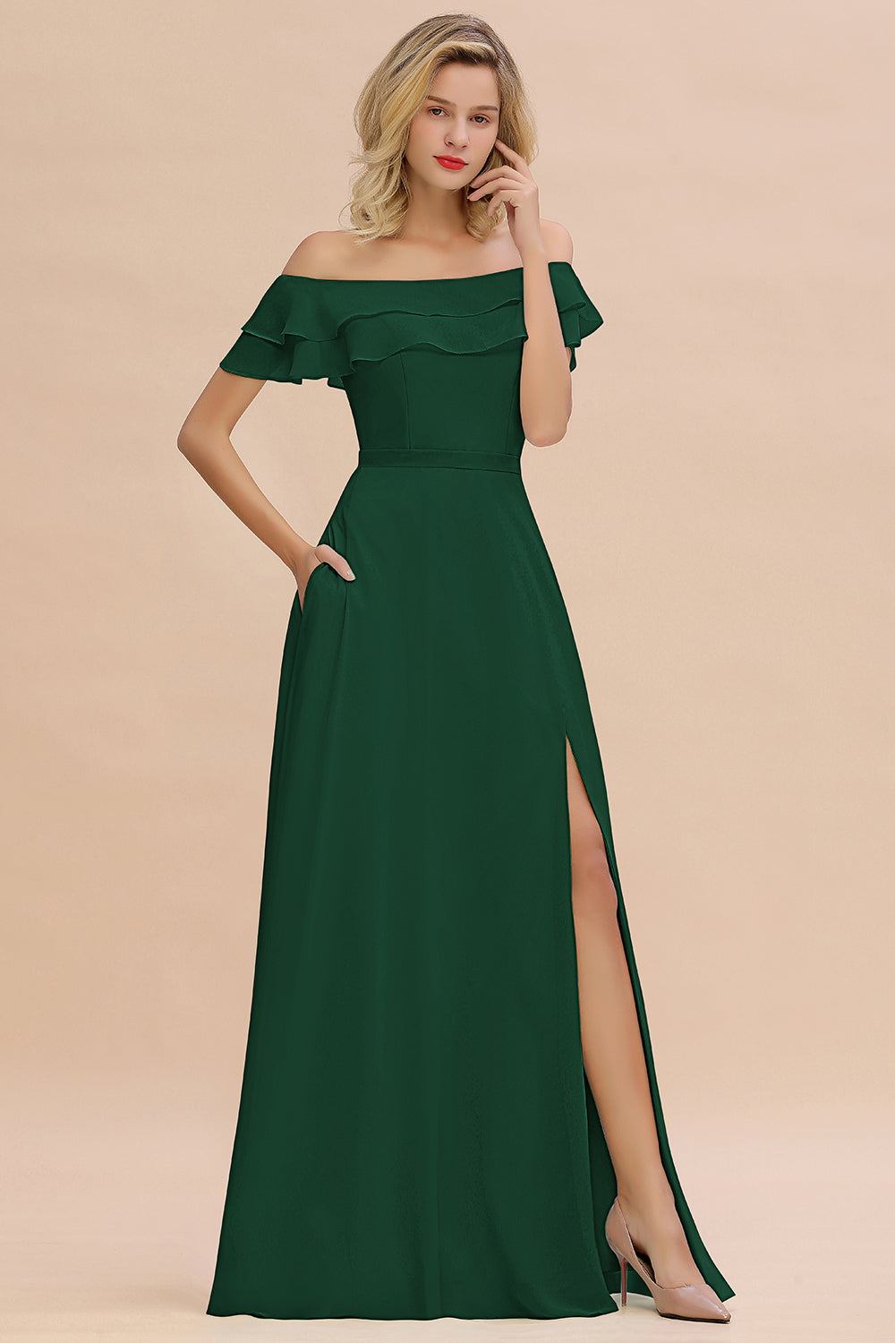 Exquisite Off-the-shoulder Slit Mint Green Bridesmaid Dress With Pockets-Babyonlines