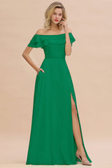 Exquisite Off-the-shoulder Slit Mint Green Bridesmaid Dress With Pockets-Babyonlines