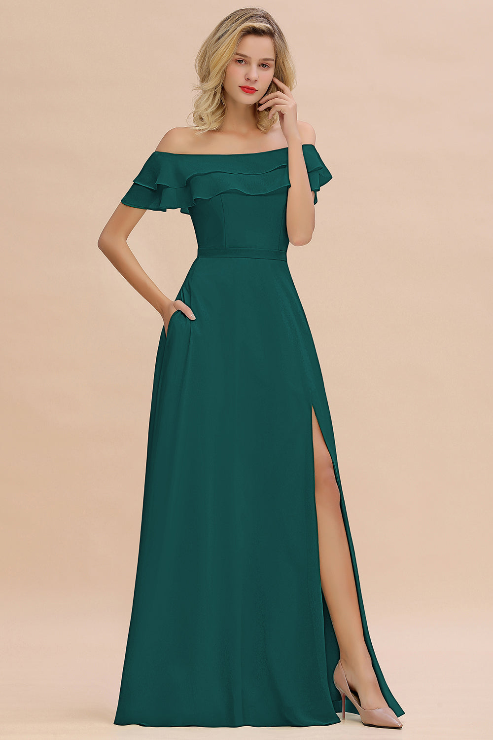 Exquisite Off-the-shoulder Slit Mint Green Bridesmaid Dress With Pockets-Babyonlines