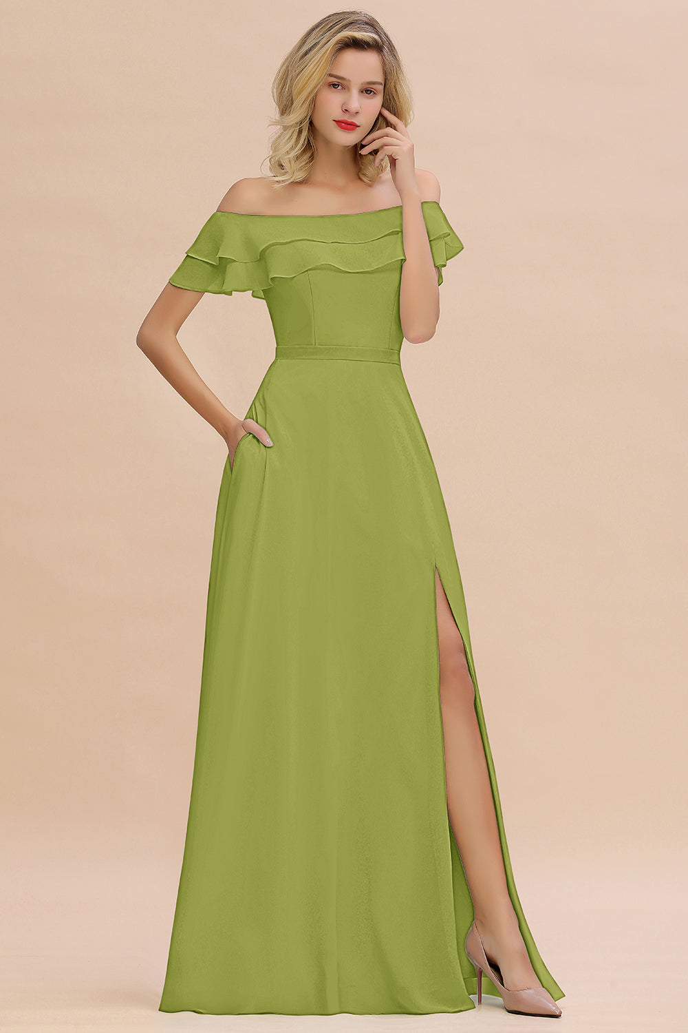 Exquisite Off-the-shoulder Slit Mint Green Bridesmaid Dress With Pockets-Babyonlines
