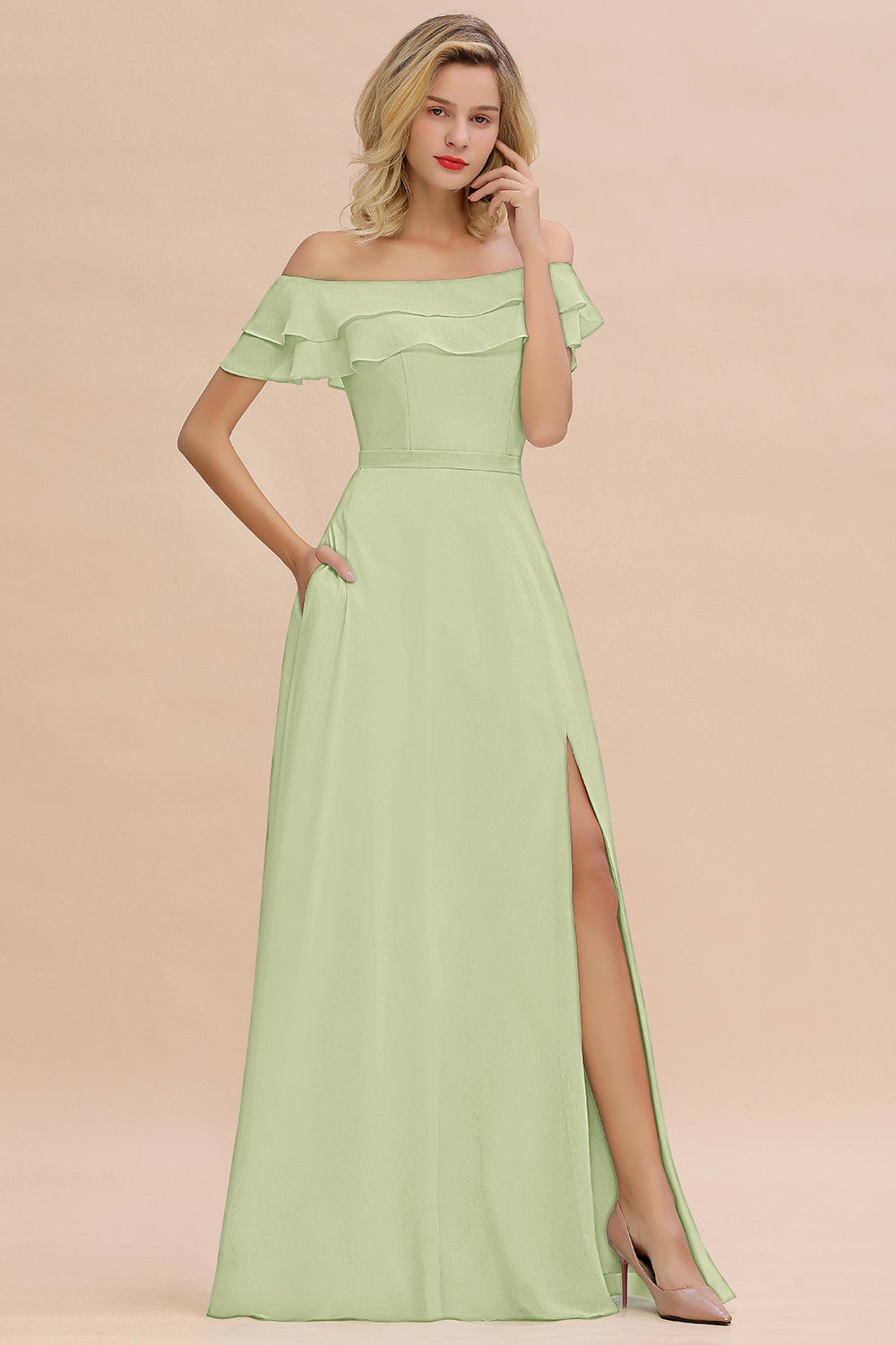 Exquisite Off-the-shoulder Slit Mint Green Bridesmaid Dress With Pockets-Babyonlines