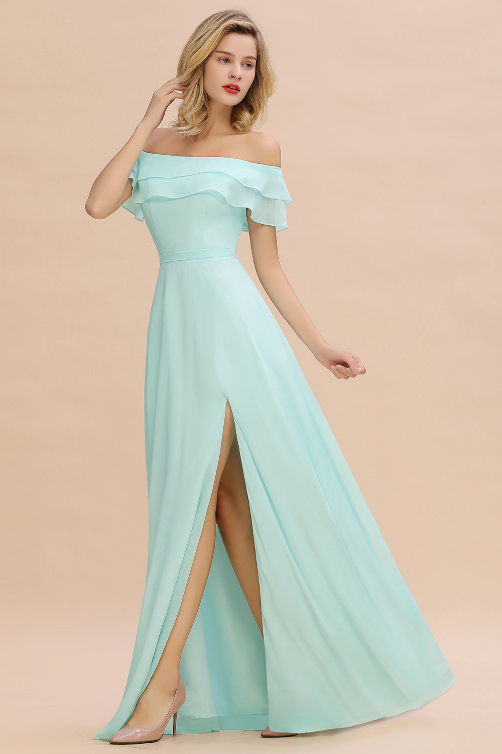 Exquisite Off-the-shoulder Slit Mint Green Bridesmaid Dress With Pockets-Babyonlines