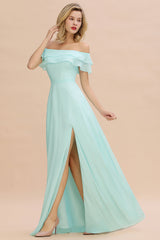 Exquisite Off-the-shoulder Slit Mint Green Bridesmaid Dress With Pockets-Babyonlines