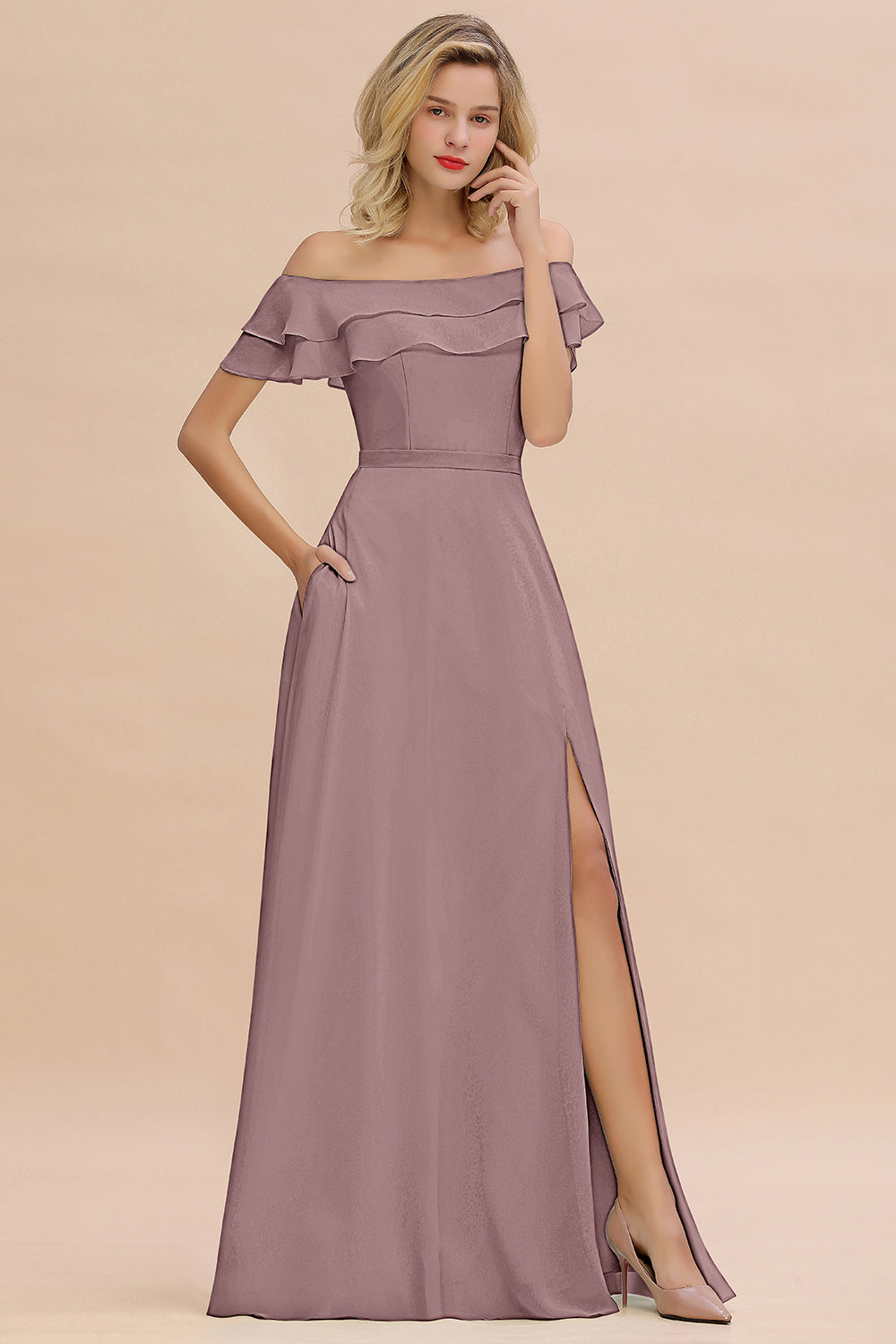 Exquisite Off-the-shoulder Slit Mint Green Bridesmaid Dress With Pockets-Babyonlines