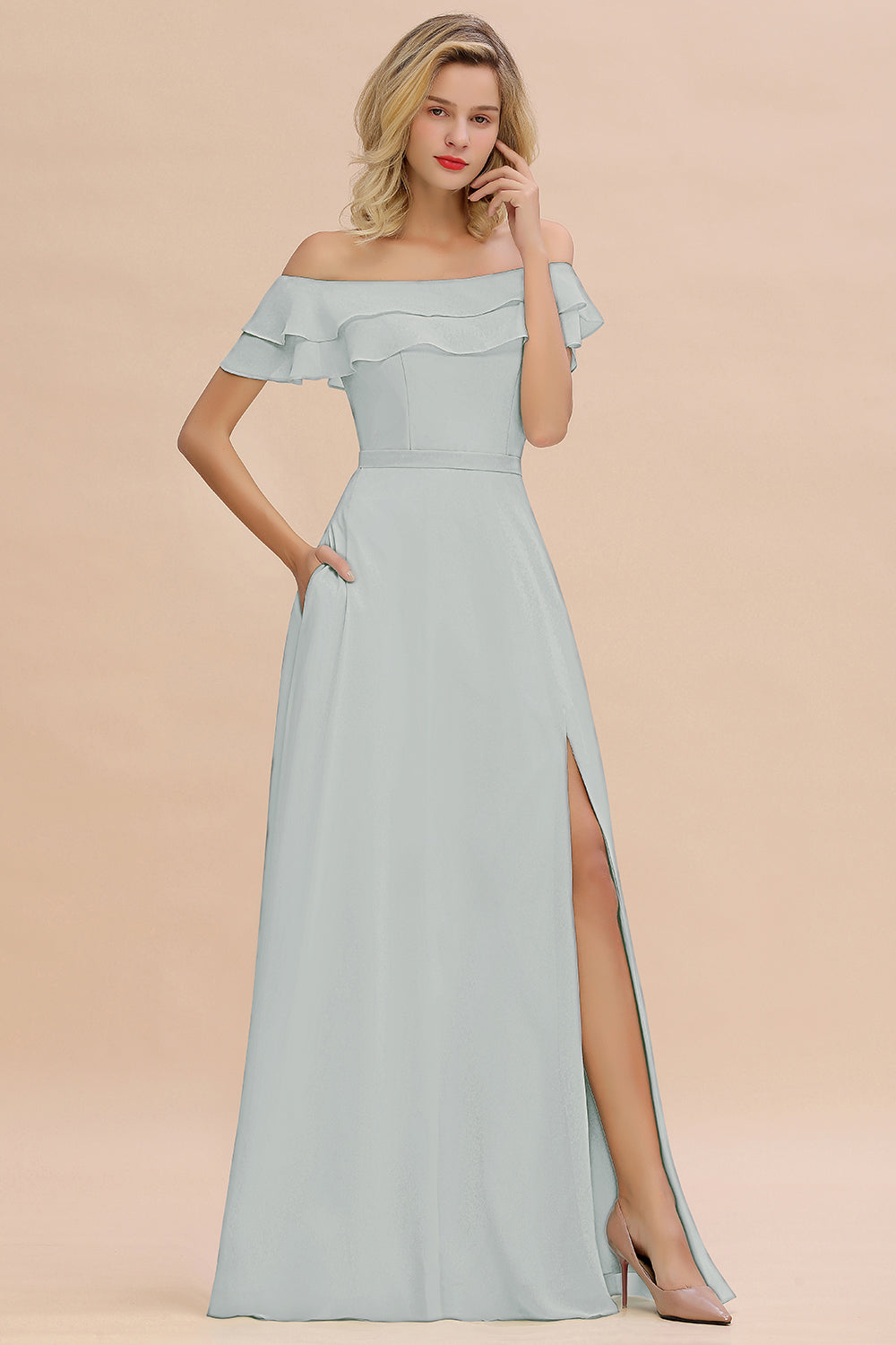 Exquisite Off-the-shoulder Slit Mint Green Bridesmaid Dress With Pockets-Babyonlines