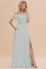 Exquisite Off-the-shoulder Slit Mint Green Bridesmaid Dress With Pockets-Babyonlines