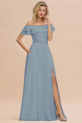 Exquisite Off-the-shoulder Slit Mint Green Bridesmaid Dress With Pockets-Babyonlines