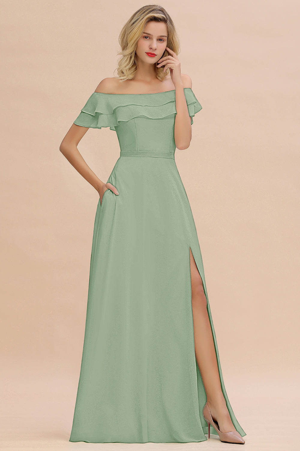 Exquisite Off-the-shoulder Slit Mint Green Bridesmaid Dress With Pockets-Babyonlines