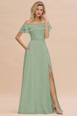 Exquisite Off-the-shoulder Slit Mint Green Bridesmaid Dress With Pockets-Babyonlines