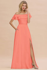 Exquisite Off-the-shoulder Slit Mint Green Bridesmaid Dress With Pockets-Babyonlines