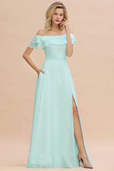 Exquisite Off-the-shoulder Slit Mint Green Bridesmaid Dress With Pockets-Babyonlines
