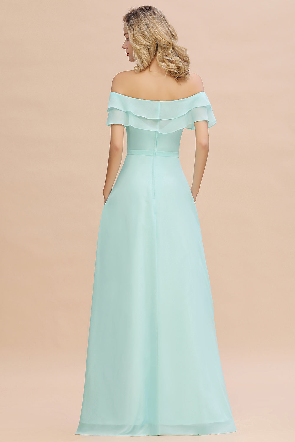 Exquisite Off-the-shoulder Slit Mint Green Bridesmaid Dress With Pockets-Babyonlines