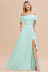 Exquisite Off-the-shoulder Slit Mint Green Bridesmaid Dress With Pockets-Babyonlines