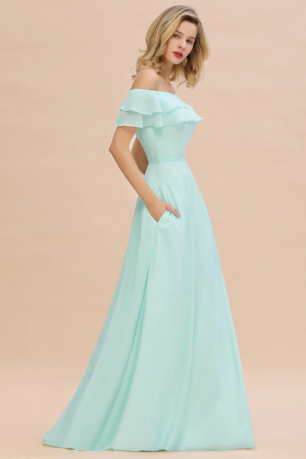 Exquisite Off-the-shoulder Slit Mint Green Bridesmaid Dress With Pockets-Babyonlines