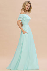 Exquisite Off-the-shoulder Slit Mint Green Bridesmaid Dress With Pockets-Babyonlines