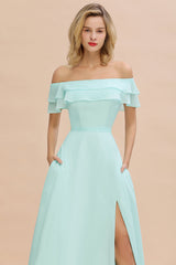 Exquisite Off-the-shoulder Slit Mint Green Bridesmaid Dress With Pockets-Babyonlines