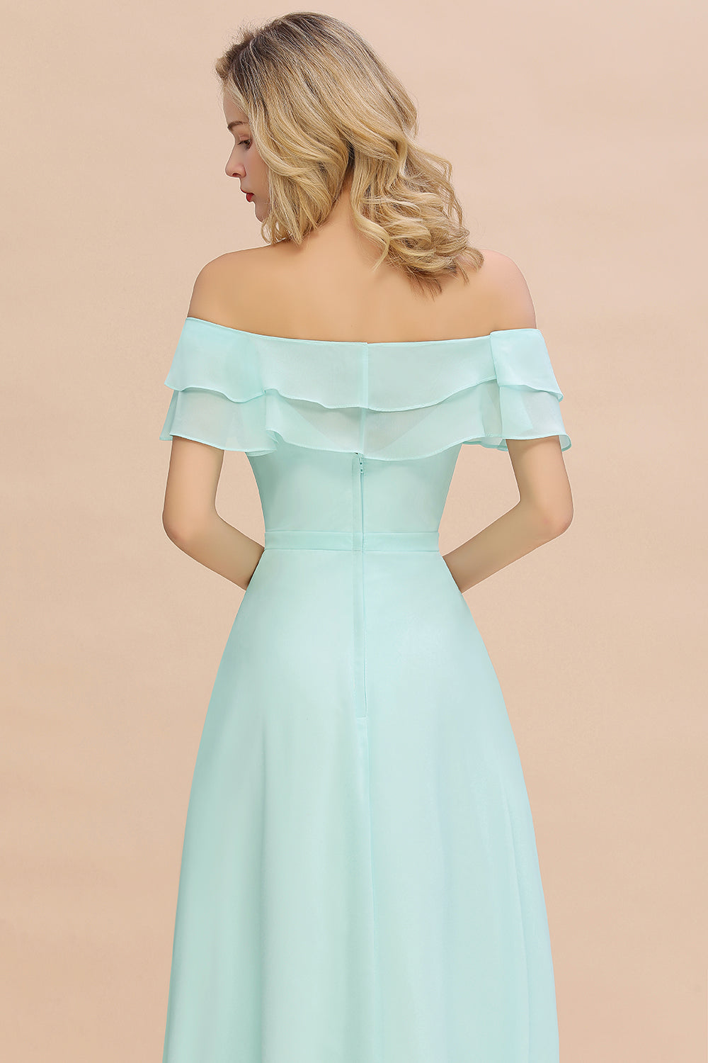 Exquisite Off-the-shoulder Slit Mint Green Bridesmaid Dress With Pockets-Babyonlines