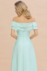 Exquisite Off-the-shoulder Slit Mint Green Bridesmaid Dress With Pockets-Babyonlines