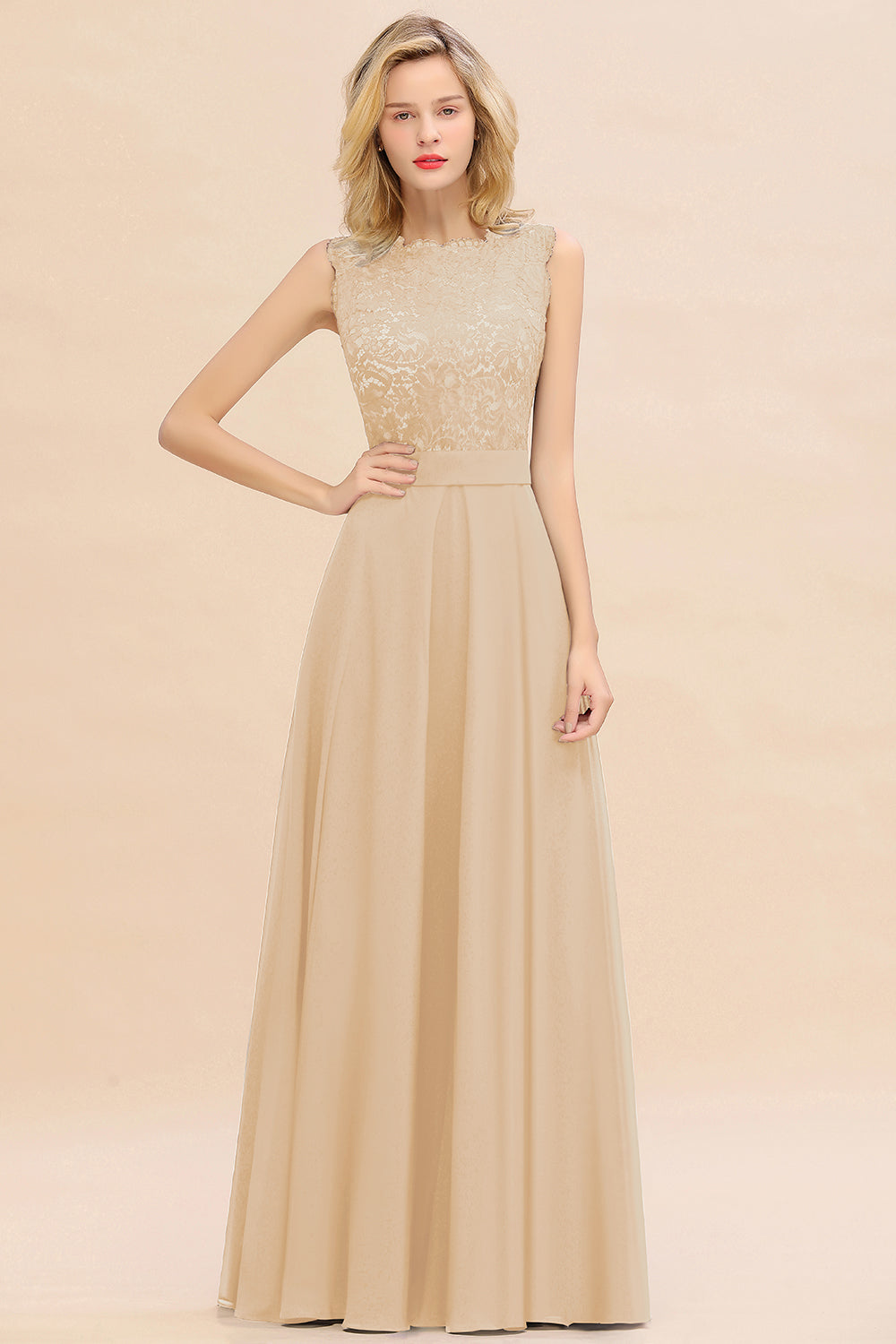 Exquisite Scoop Chiffon Lace Bridesmaid Dresses with V-Back-Babyonlines