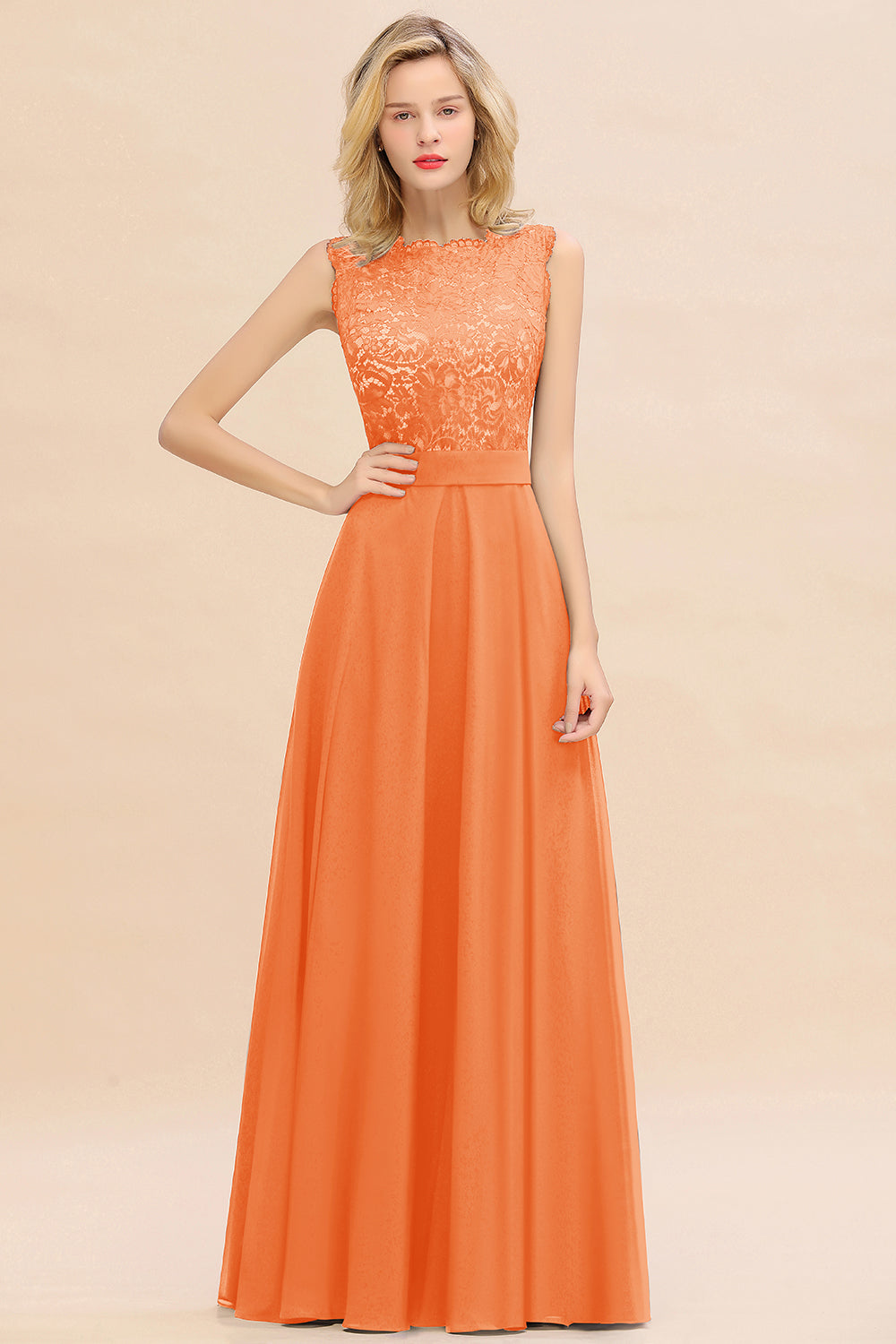 Exquisite Scoop Chiffon Lace Bridesmaid Dresses with V-Back-Babyonlines