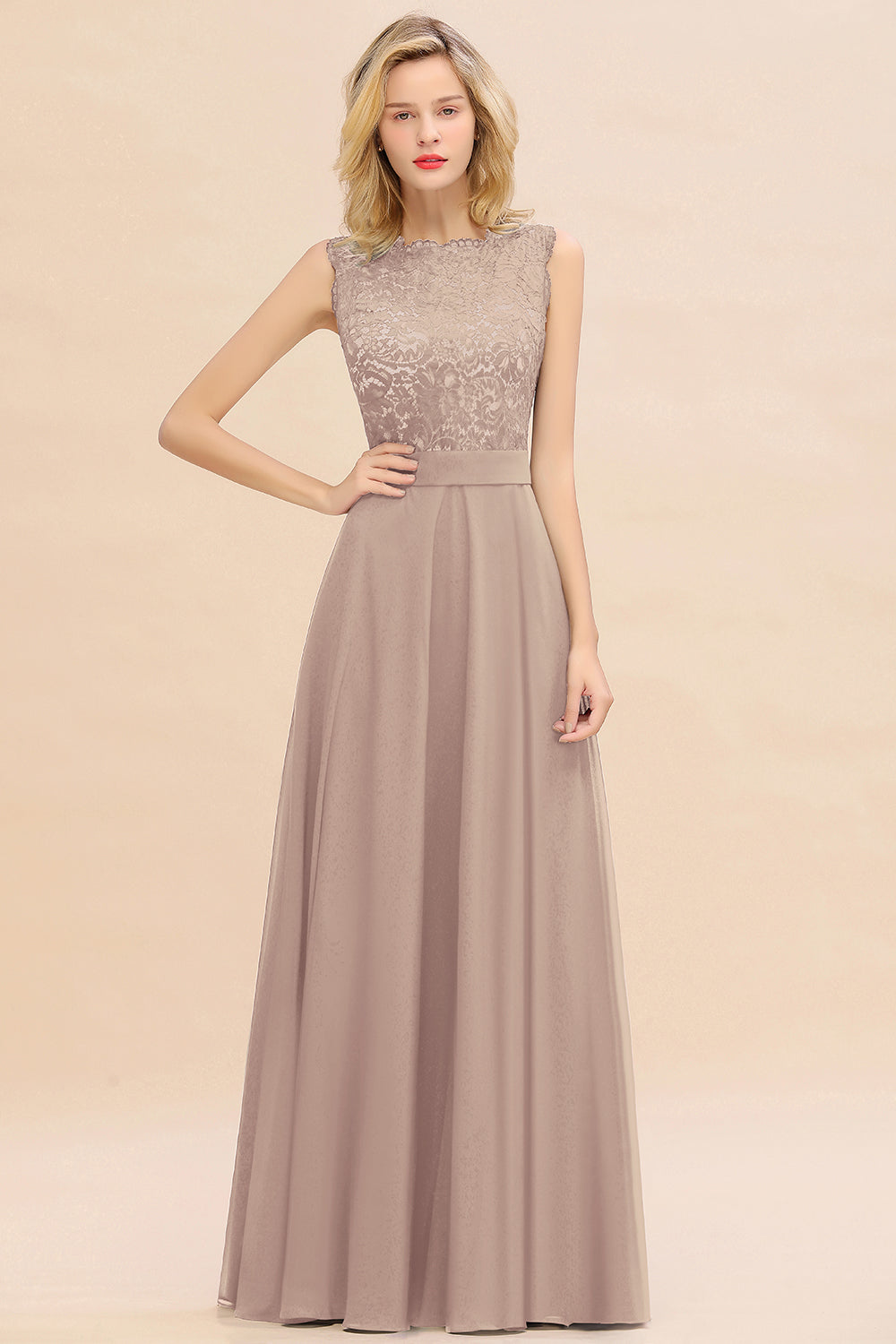 Exquisite Scoop Chiffon Lace Bridesmaid Dresses with V-Back-Babyonlines