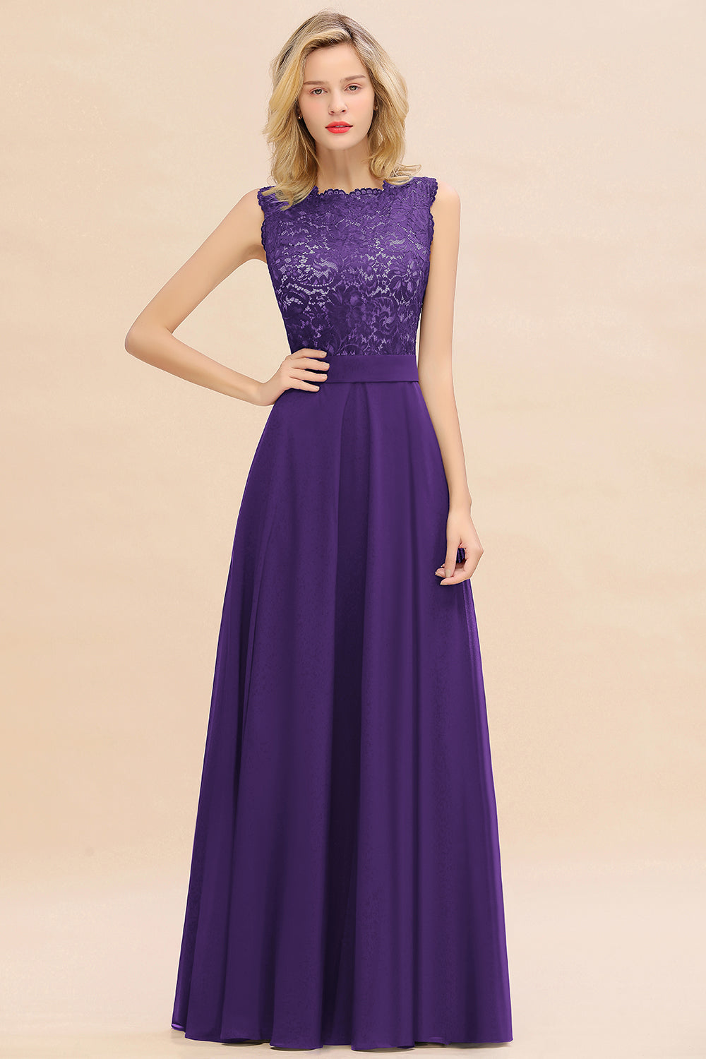 Exquisite Scoop Chiffon Lace Bridesmaid Dresses with V-Back-Babyonlines