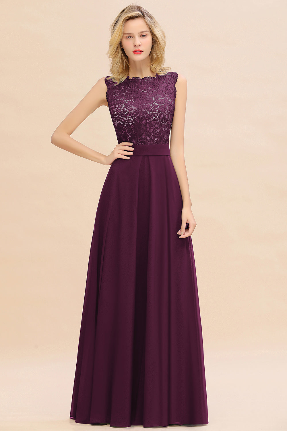 Exquisite Scoop Chiffon Lace Bridesmaid Dresses with V-Back-Babyonlines