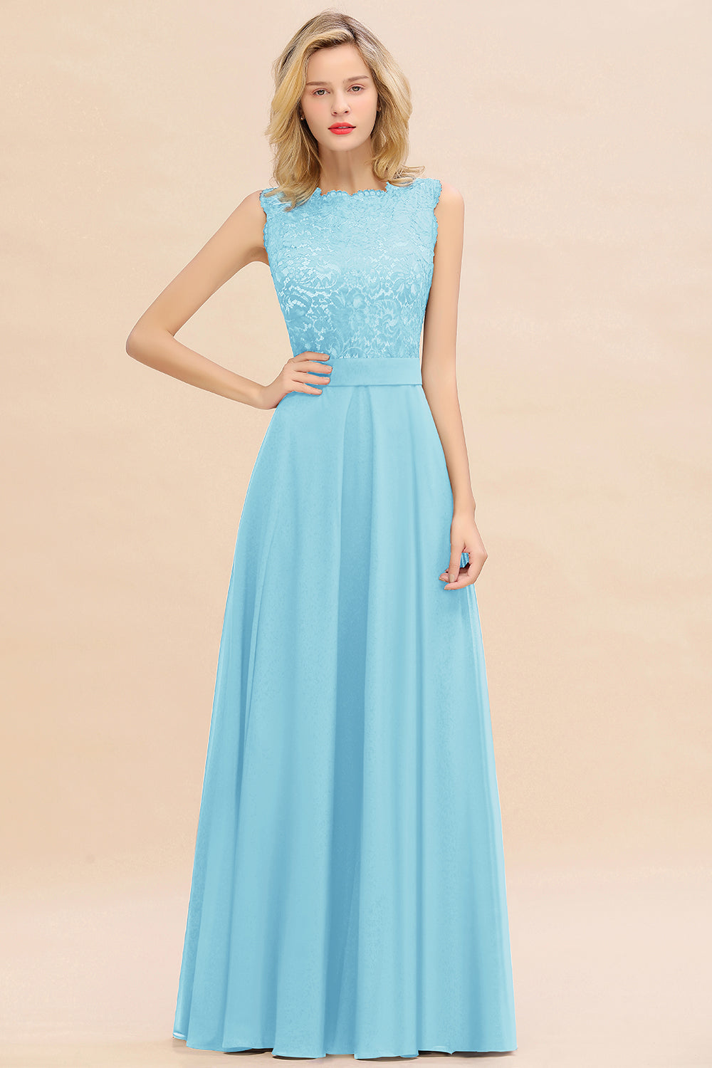 Exquisite Scoop Chiffon Lace Bridesmaid Dresses with V-Back-Babyonlines
