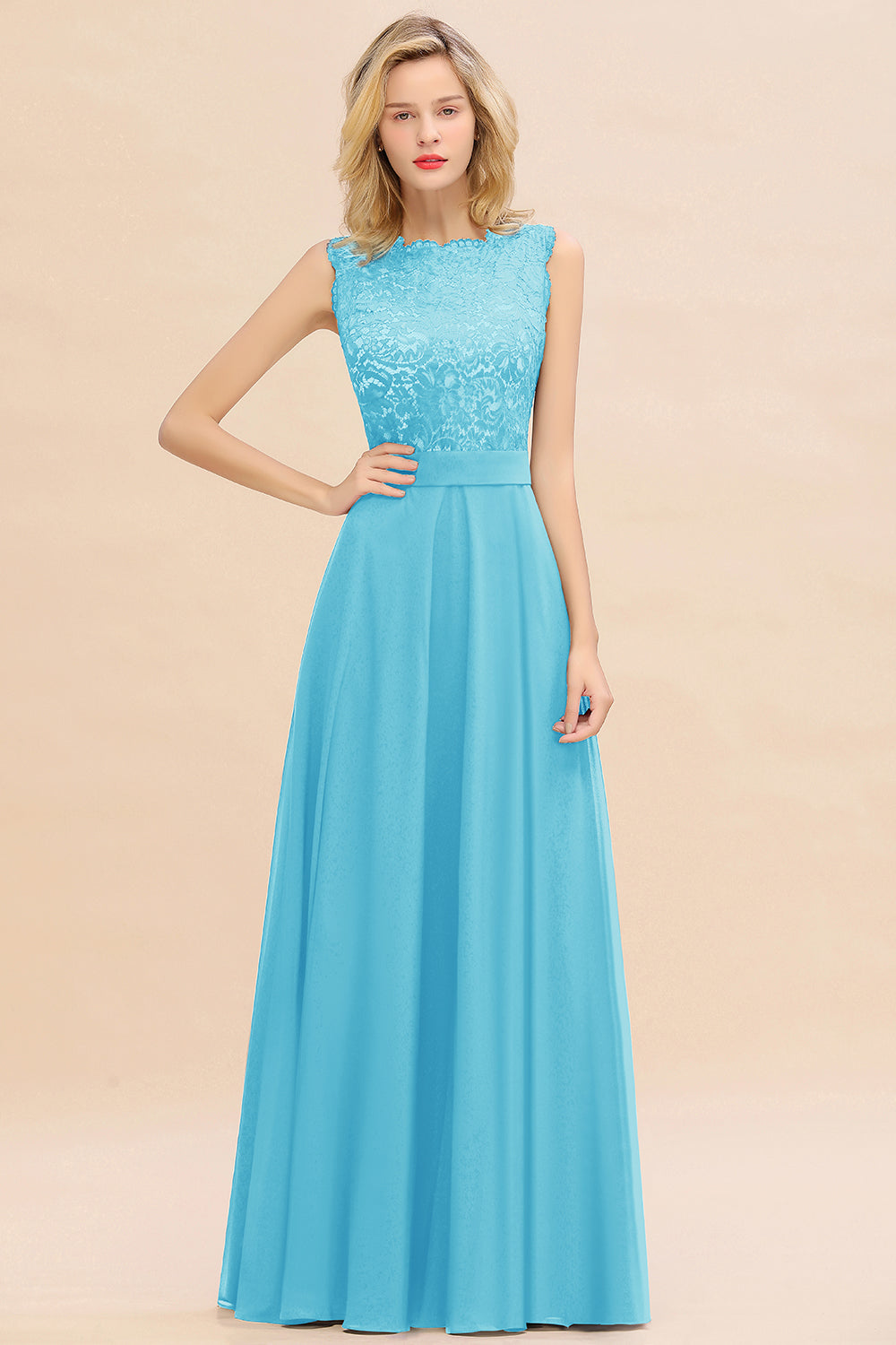 Exquisite Scoop Chiffon Lace Bridesmaid Dresses with V-Back-Babyonlines