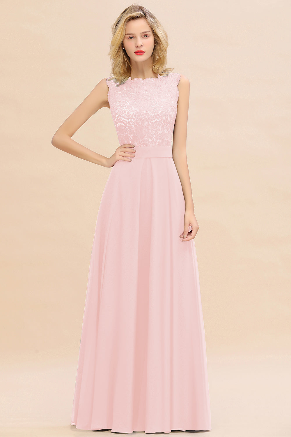 Exquisite Scoop Chiffon Lace Bridesmaid Dresses with V-Back-Babyonlines