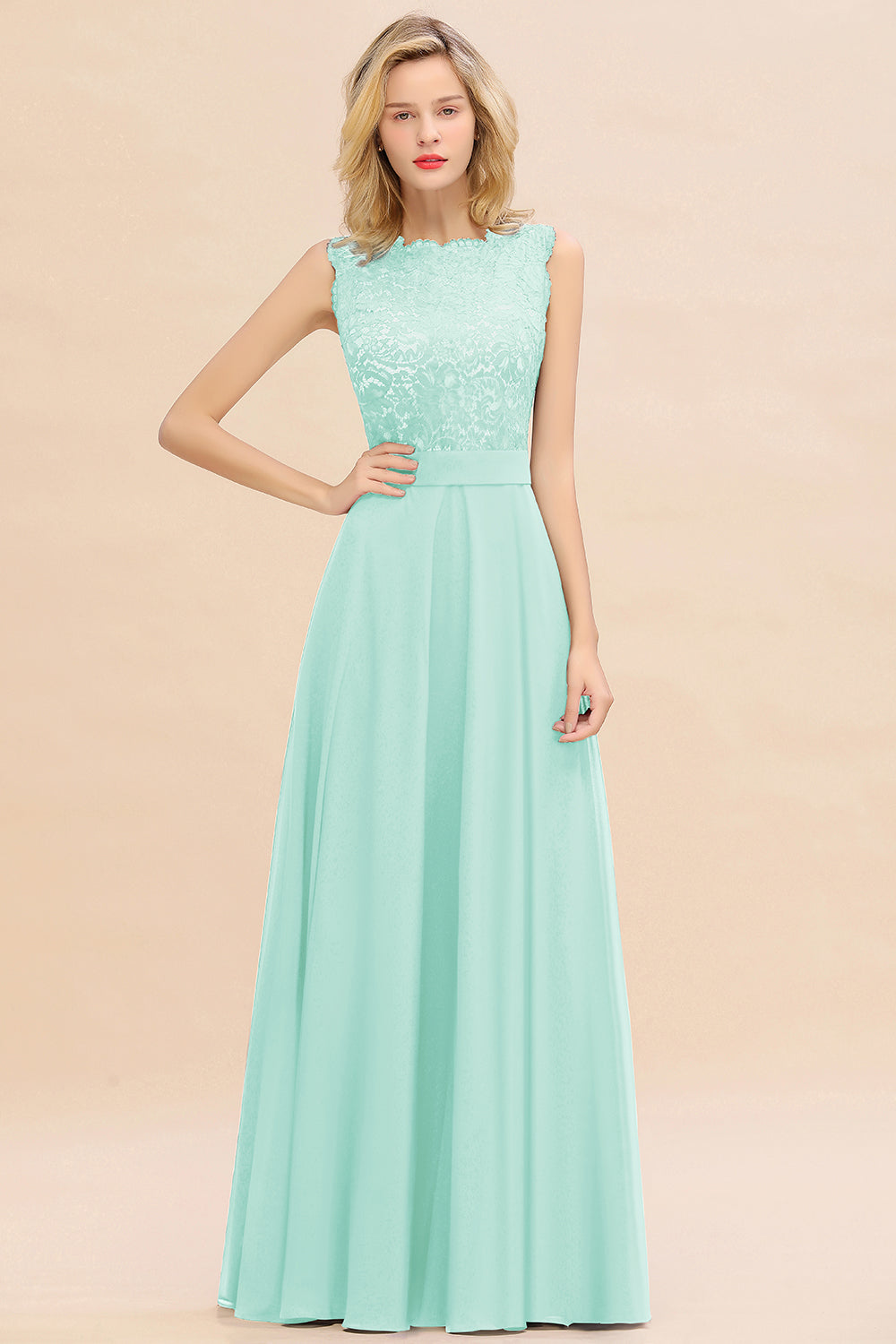 Exquisite Scoop Chiffon Lace Bridesmaid Dresses with V-Back-Babyonlines