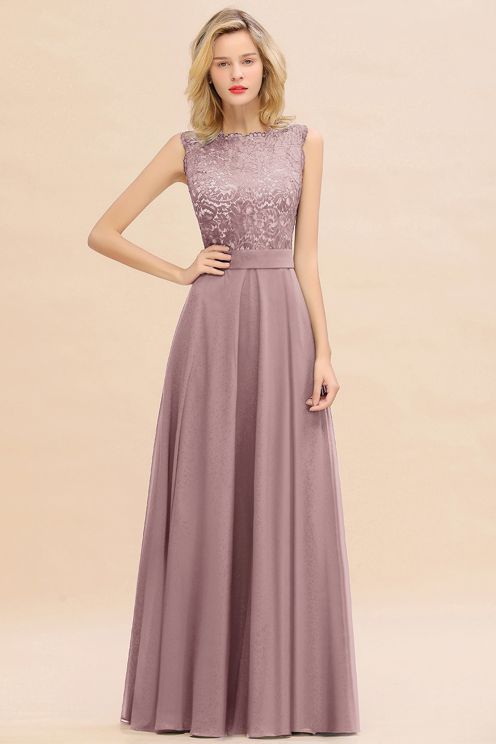 Exquisite Scoop Chiffon Lace Bridesmaid Dresses with V-Back-Babyonlines